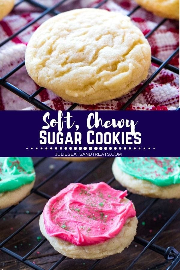 Collage with top image of a sugar cookie on a cooking rack, middle banner with text reading soft chewy sugar cookies, and bottom image of sugar cookies frosted with red and green frosting and colored sugar