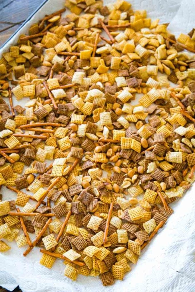 Chex Mix on sheet pan