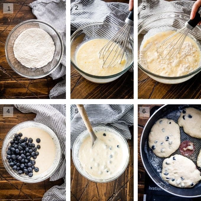 Six image collage showing mixing pancake batter, adding blueberries and making pancakes in skillet