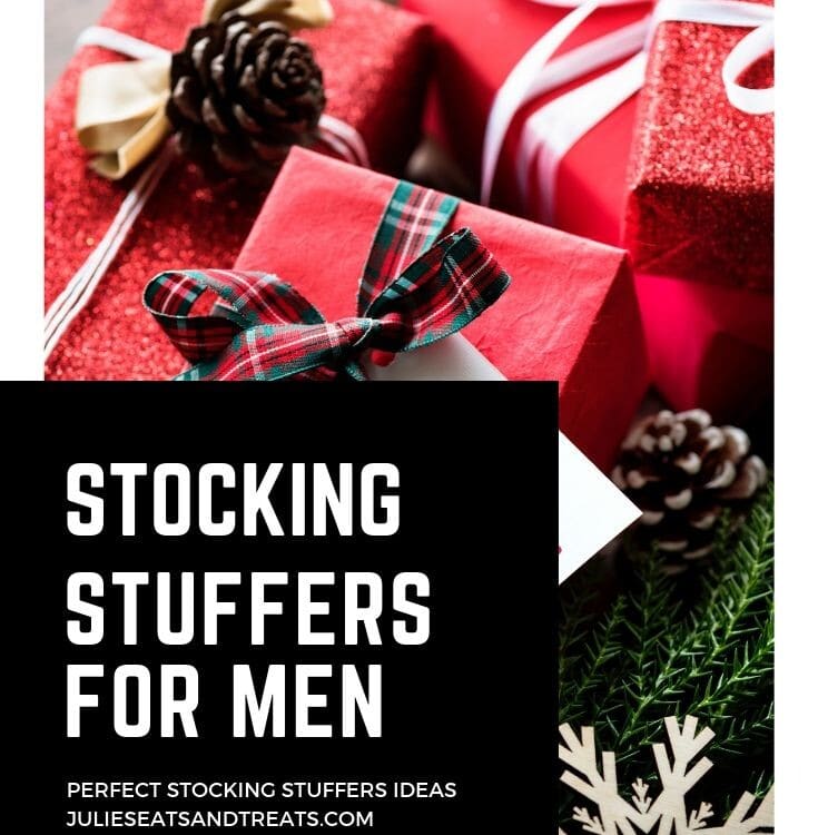 Wrapped gifts and text reading stocking stuffers for men