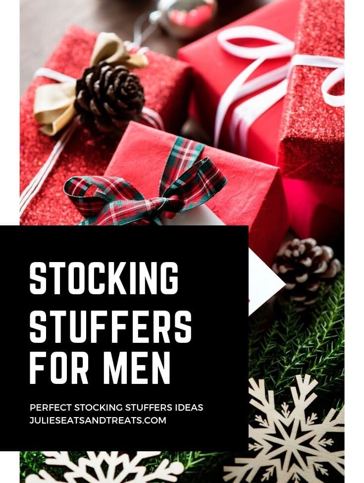 Wrapped gifts and text reading stocking stuffers for men