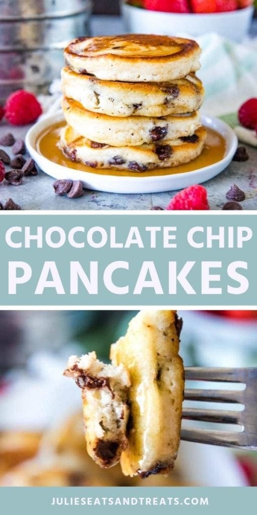 Collage with top image of four chocolate chip pancakes and syrup on a plate, middle blue banner with white text reading chocolate chip pancakes, and bottom image of a bite of pancakes on a fork