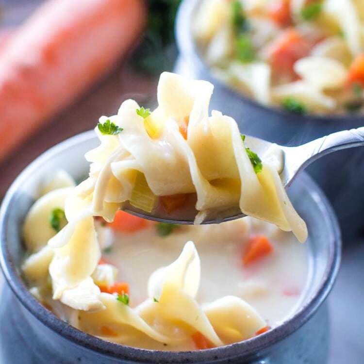 Creamy Chicken Noodle Soup on spoon