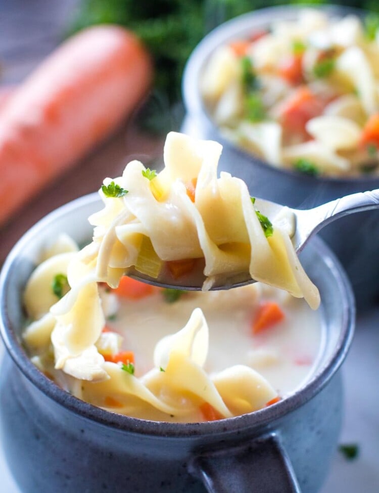 Creamy Chicken Noodle Soup on spoon