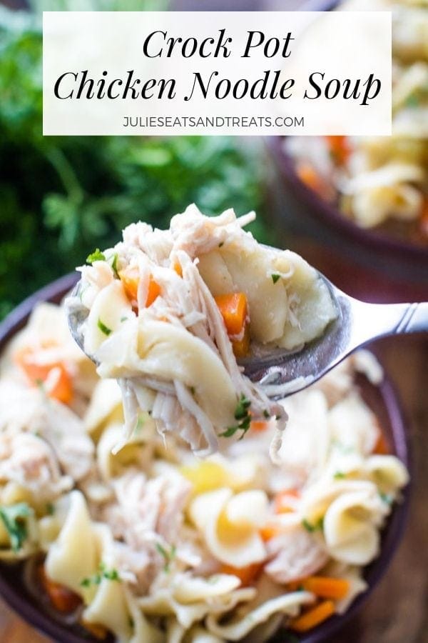 crockpot chicken noodle soup on a spoon