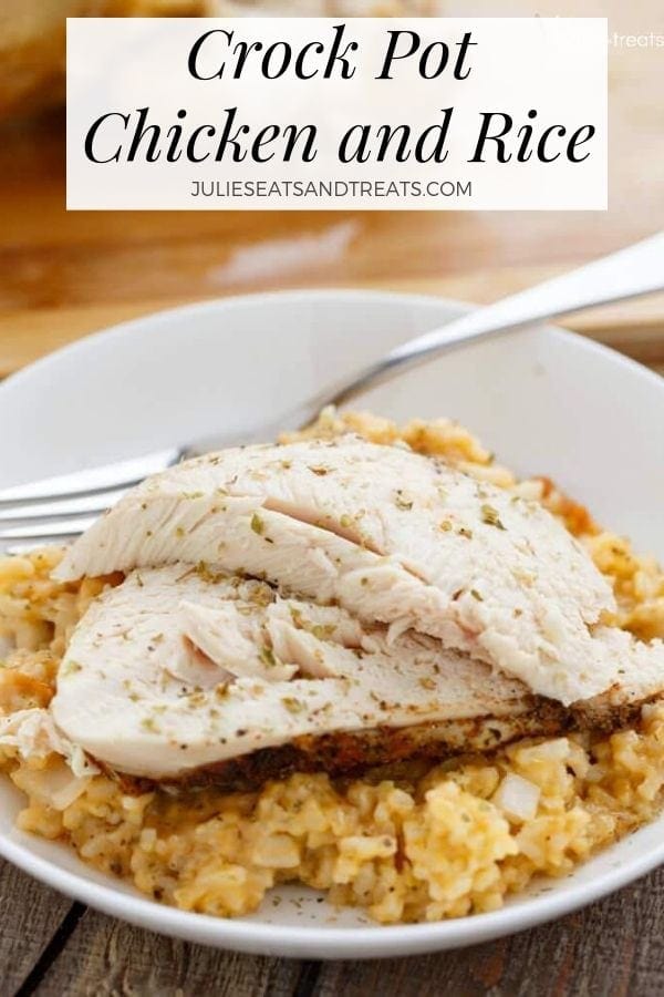 Crock pot chicken and rice in a white bowl