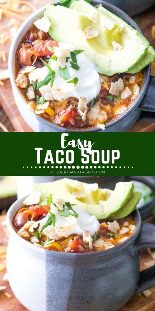 Collage with top image overhead of taco soup in a bowl, middle green banner with white text reading easy taco soup, and bottom image of taco soup with sour cream and avocado slices in a bowl