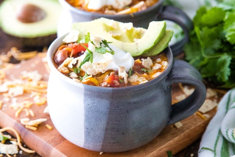 Easy Taco Soup in gray bowl