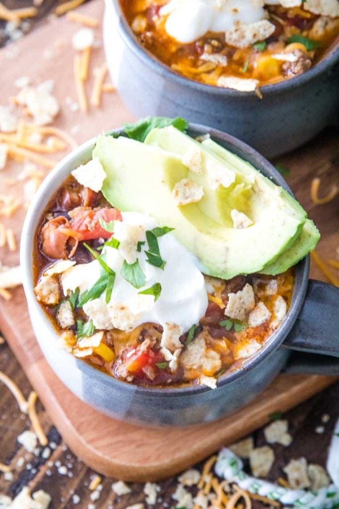 Taco Soup in bowl with toppings