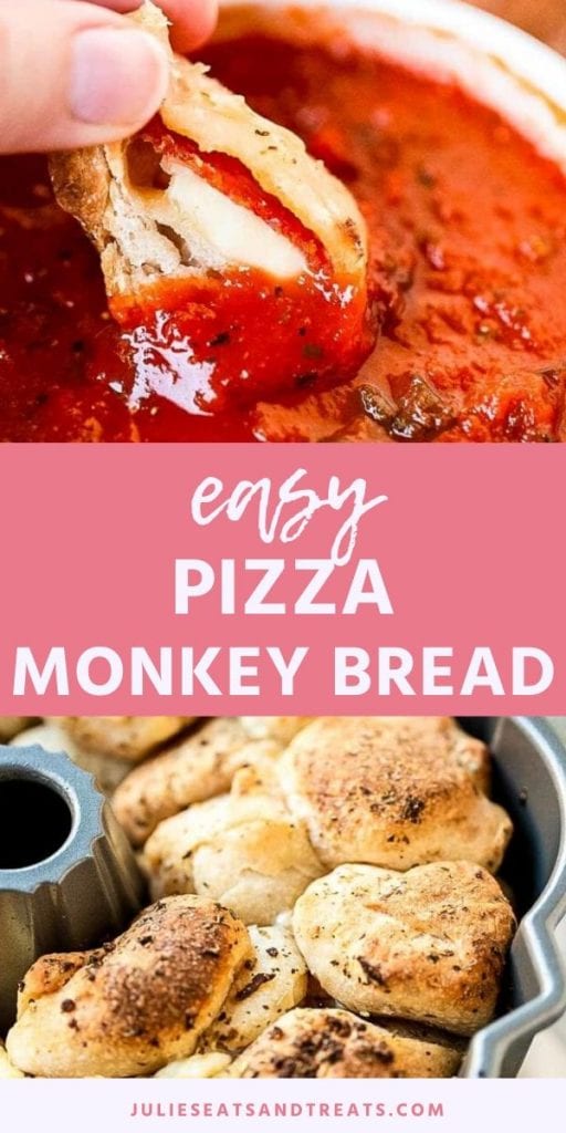 Pinterest Image Pizza Monkey Bread. Top image of a hand dunking a piece of pizza monkey bread into marinara sauce, bottom image of monkey bread in a bunt pan.