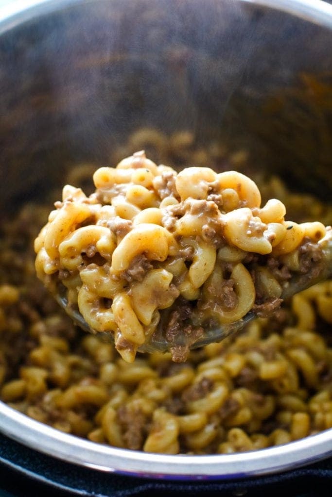 Pressure Cooker Cheeseburger Macaroni in pressure cooker pot