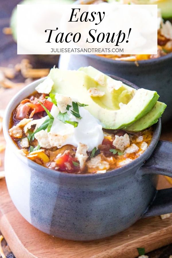 Easy taco soup with sour cream and avocado slices in a bowl