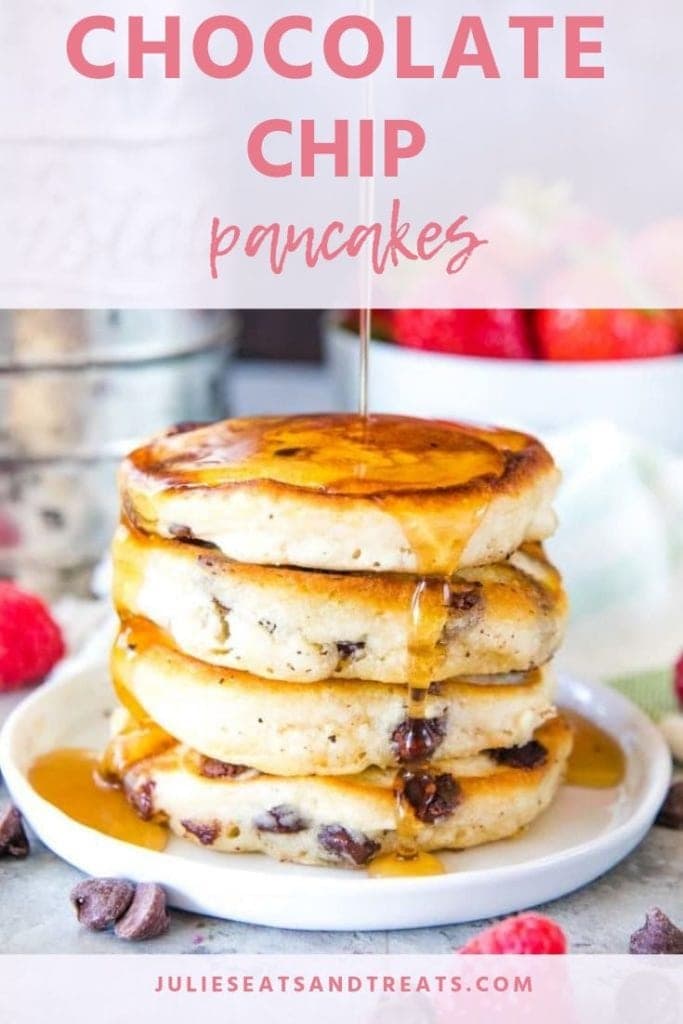 chocolate chip pancake stack with syrup being poured over