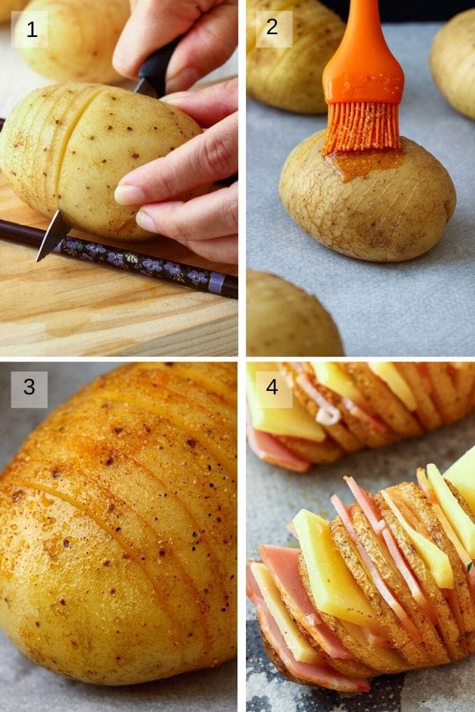 Collage of four images showing how to make hasselback potatoes