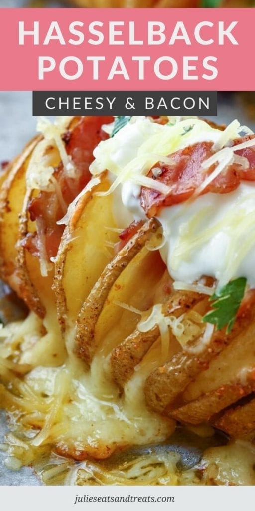 Hasselback Potato topped with sour cream and shredded cheese