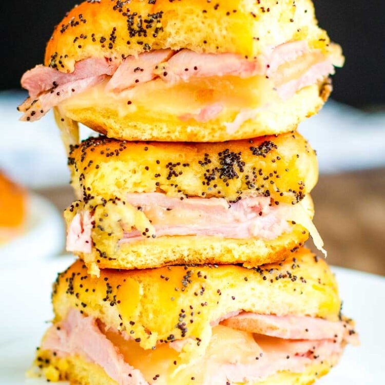 easy ham and cheese sliders on white plate