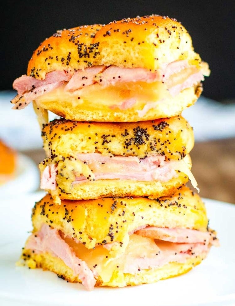 easy ham and cheese sliders on white plate