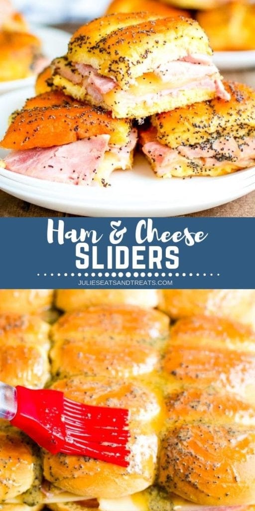 Collage with top image of three ham and cheese sliders on a plate, middle blue banner with white text reading ham & cheese sliders, and bottom image of sliders being brushed with sauce