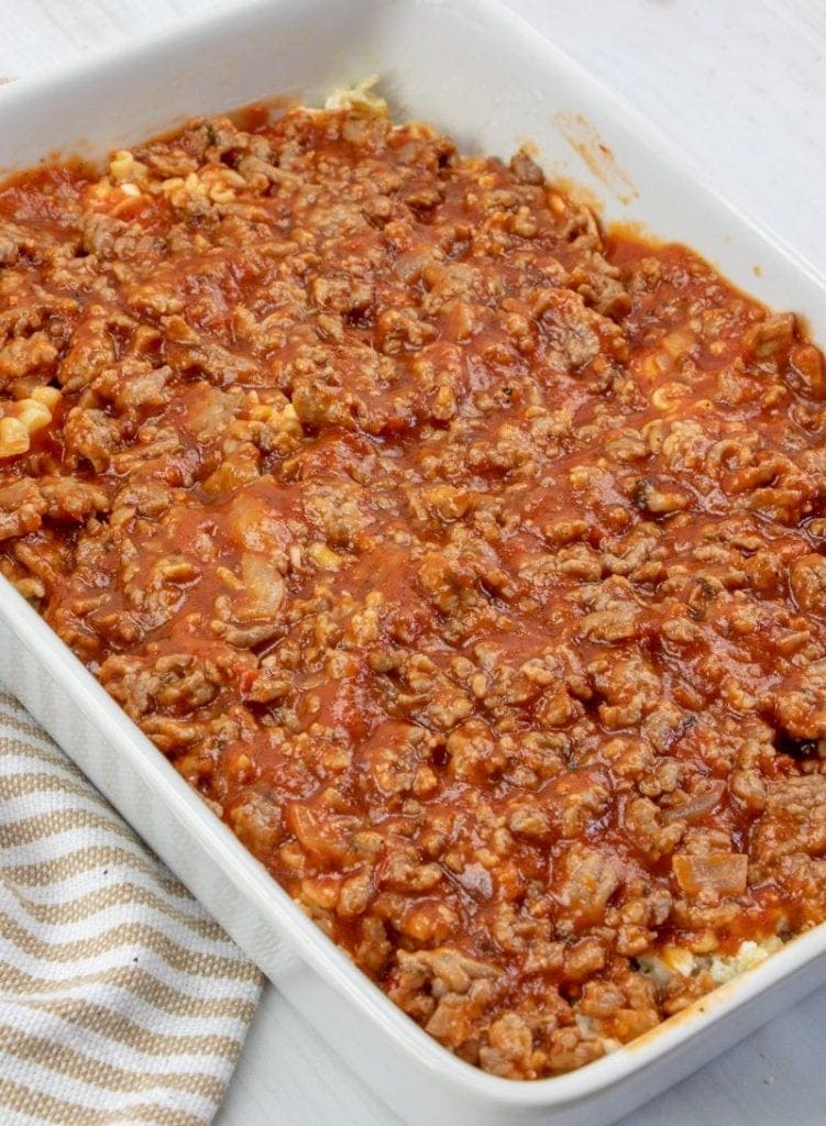 Meat sauce on lasagna casserole