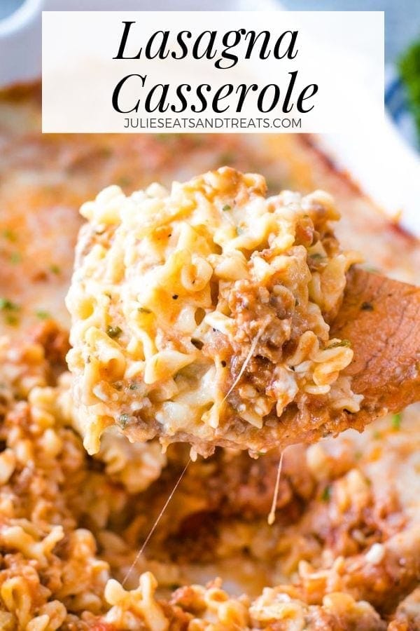Lasagna Casserole on a wood spoon over the casserole dish