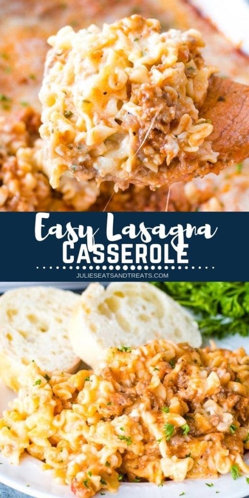 Collage with top image of a scoop of lasagna on a wood spoon, middle navy banner with white text reading easy lasagna casserole, and bottom image of lasagna casserole on a plate with bread