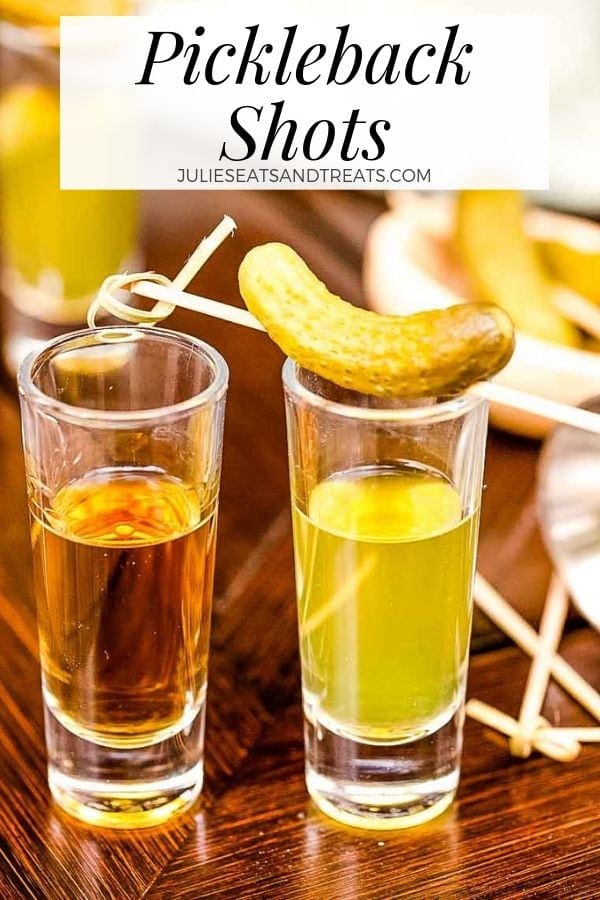 Pickleback shots with a pickle on top