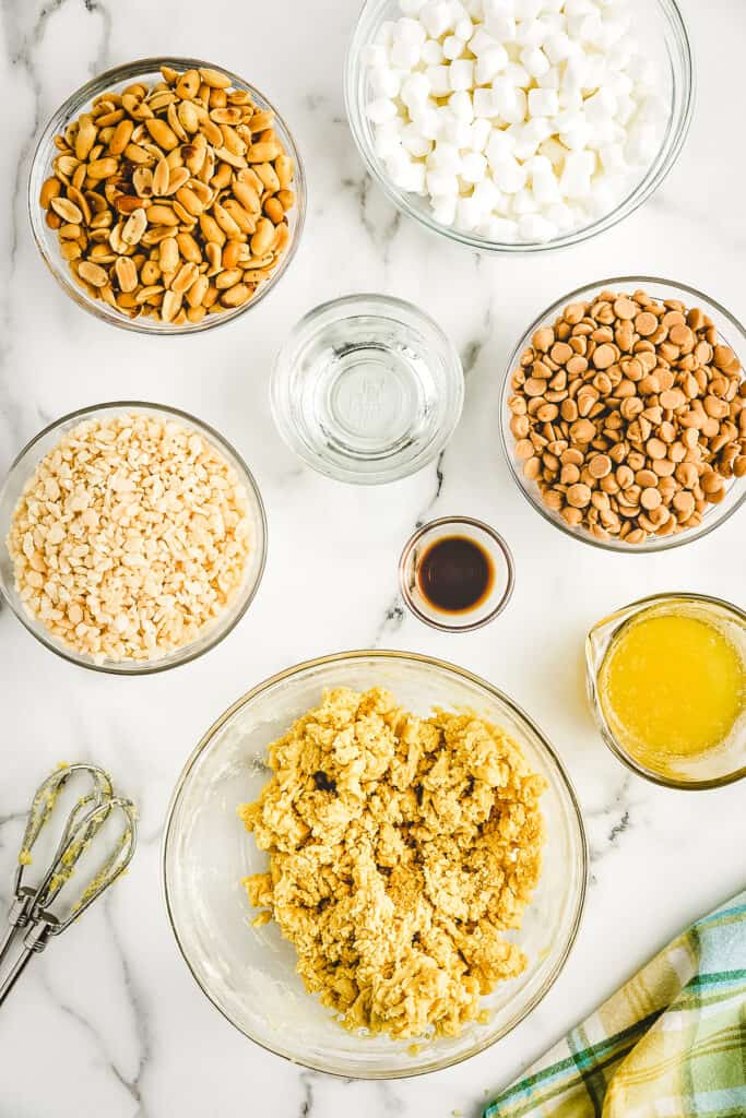 Overhead image of mixed cake mix crust ingredients