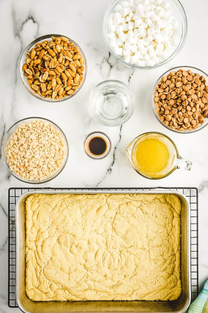 Overhead image of baked cake mix crust for bars