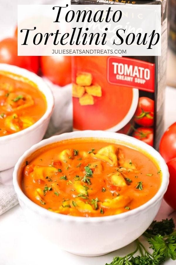 Tomato tortellini soup in a white bowl