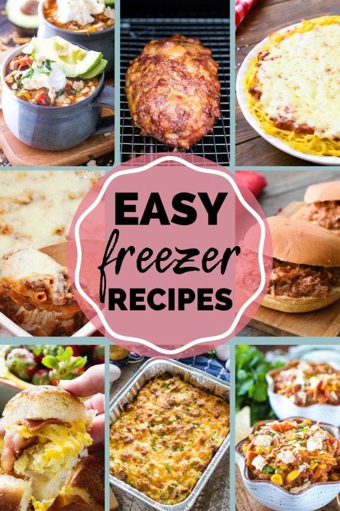 Easy freezer recipes collage with images of meatloaf, soup, breakfast sliders, casseroles, and more.