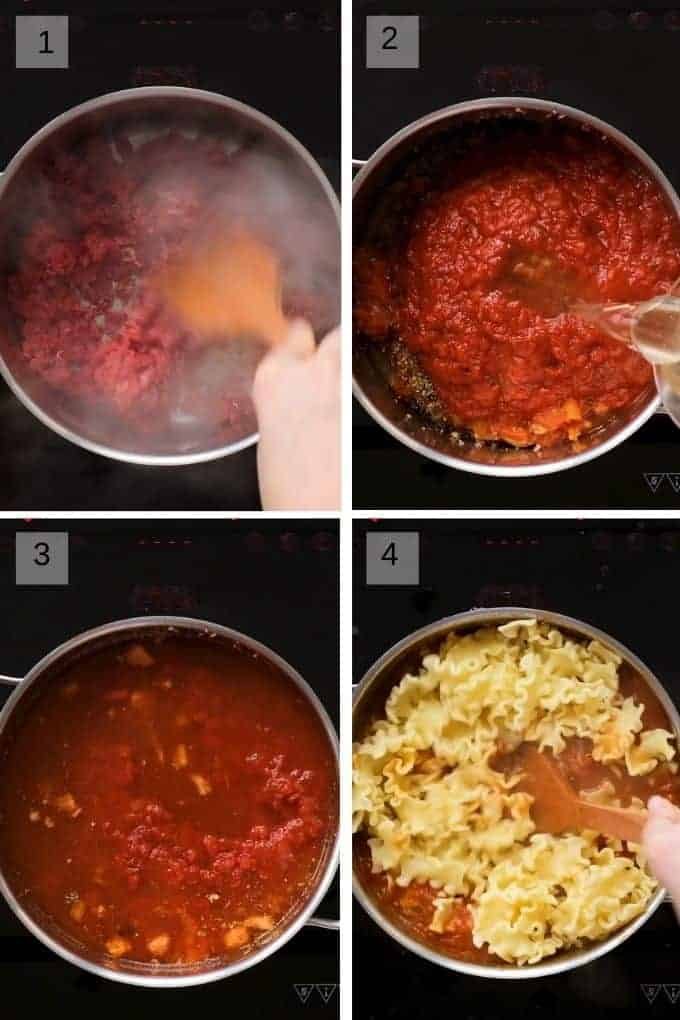 Four image showing how to make lasagna soup