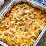 Foil pan full of sausage and egg breakfast casserole