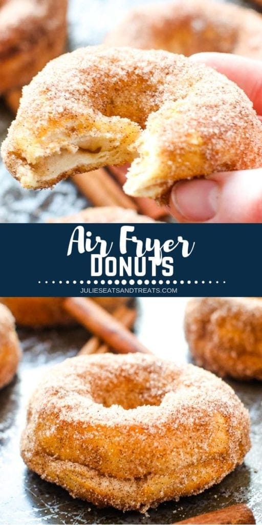 Hand holding a donut with a bite out of it, middle navy banner with white text reading air fryer donuts, and bottom image of a cinnamon sugar donut