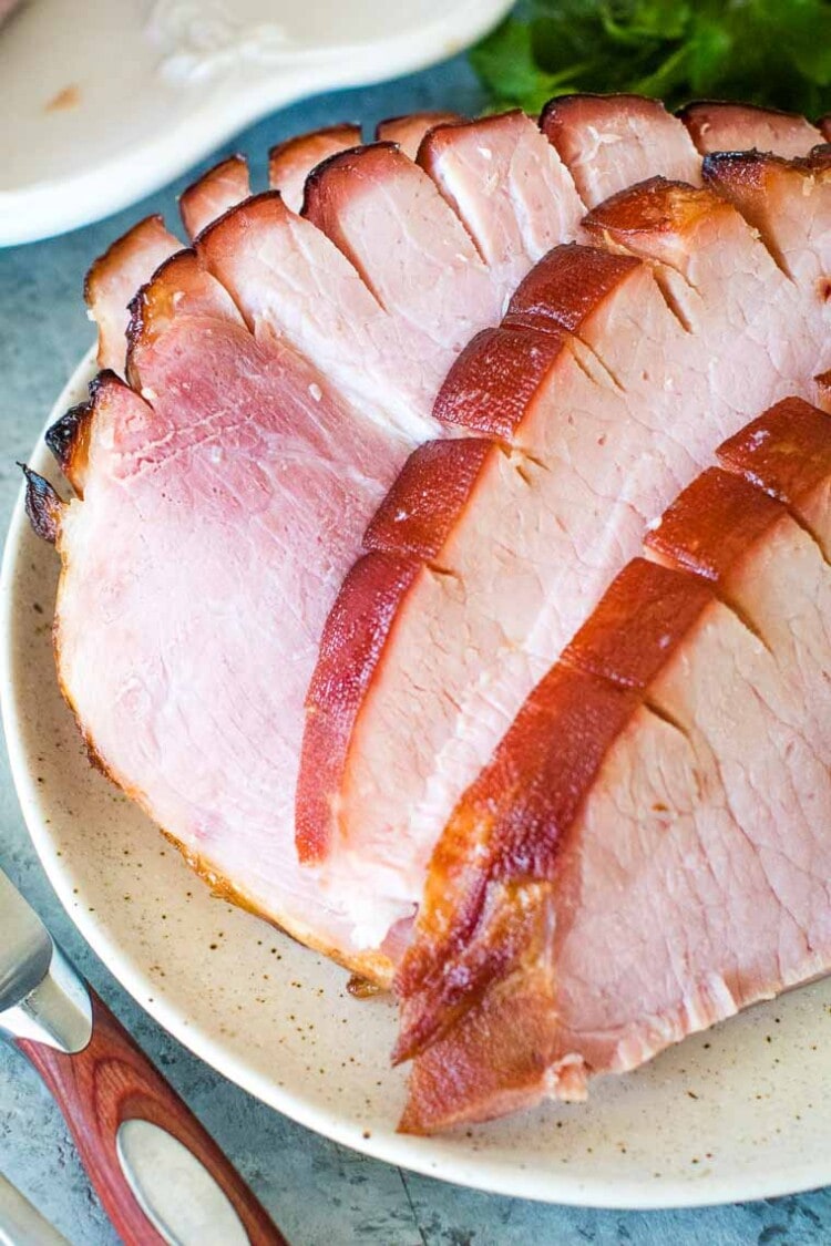 Easy Honey Baked Ham sliced on plate
