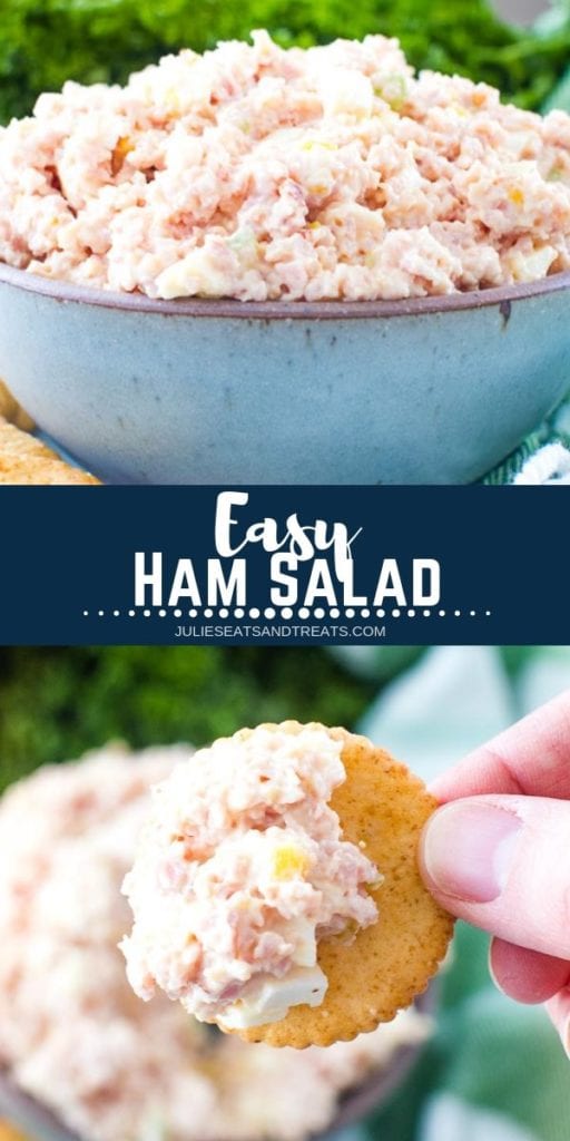 Collage with top image of ham salad in a blue bowl, middle navy banner with white text reading easy ham salad, and bottom image of a hand holding a cracker with ham salad on it