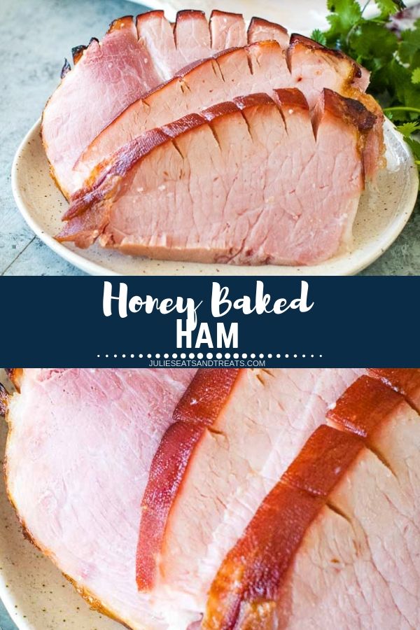 Collage with top image of honey baked ham slices on a plate, middle navy banner with white text reading honey baked ham, and bottom up close image of ham slices