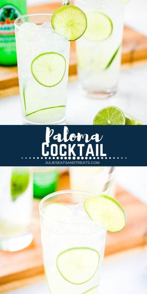 Collage with top image of two palomas in tall glasses, middle navy banner with white text reading paloma cocktail, and bottom image of a glass of paloma with lime slices