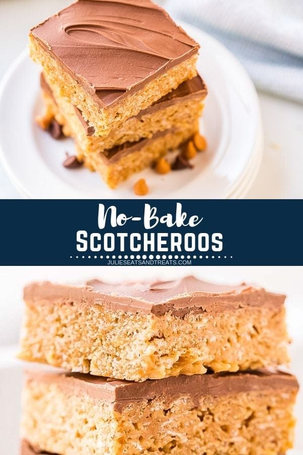 Collage with top image of three scotcheroo bars stacked on a plate, middle navy banner with white text reading no-bake scotcheroos, and bottom image of two scotcheroos stacked