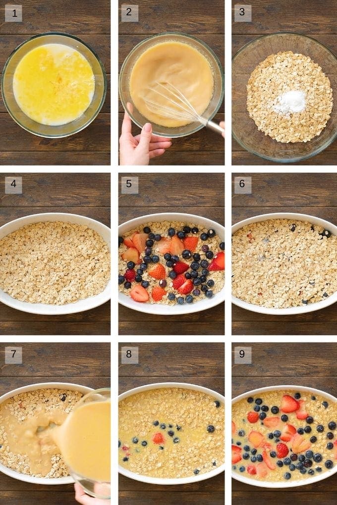 Collage of 9 photos showing how to make baked oatmeal with berries. 