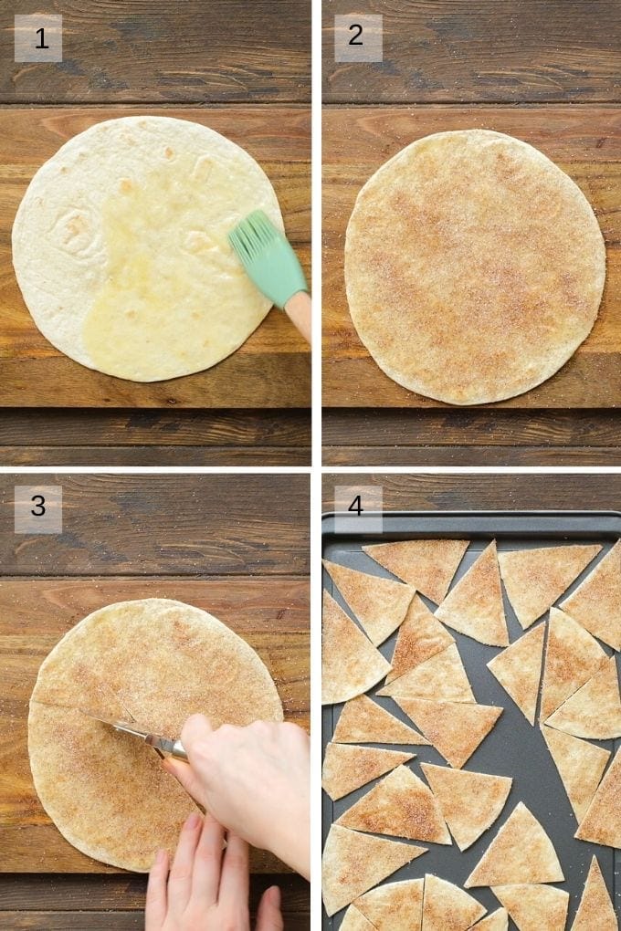 Collage of four images showing how to make cinnamon tortilla chips