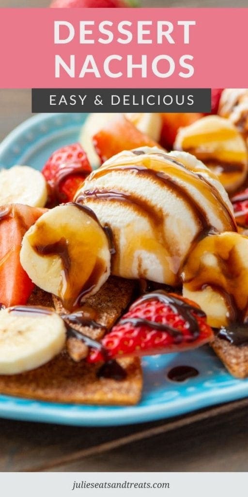 Cinnamon sugar tortillas topped with ice cream, bananas, strawberries, chocolate sauce, and caramel sauce