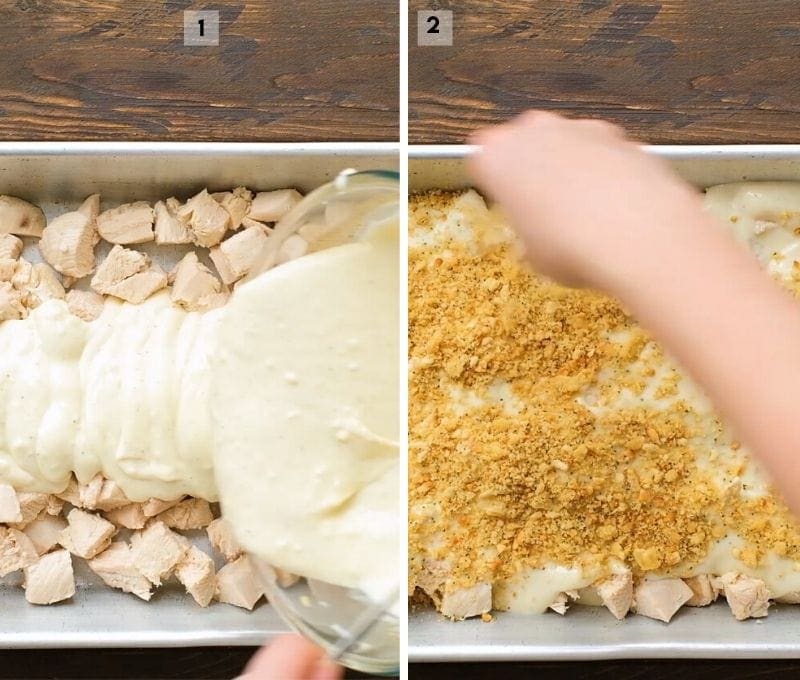 Collage of four images showing how to make Poppy Seed Chicken