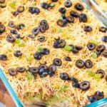 7 Layer Bean Dip in casserole dish