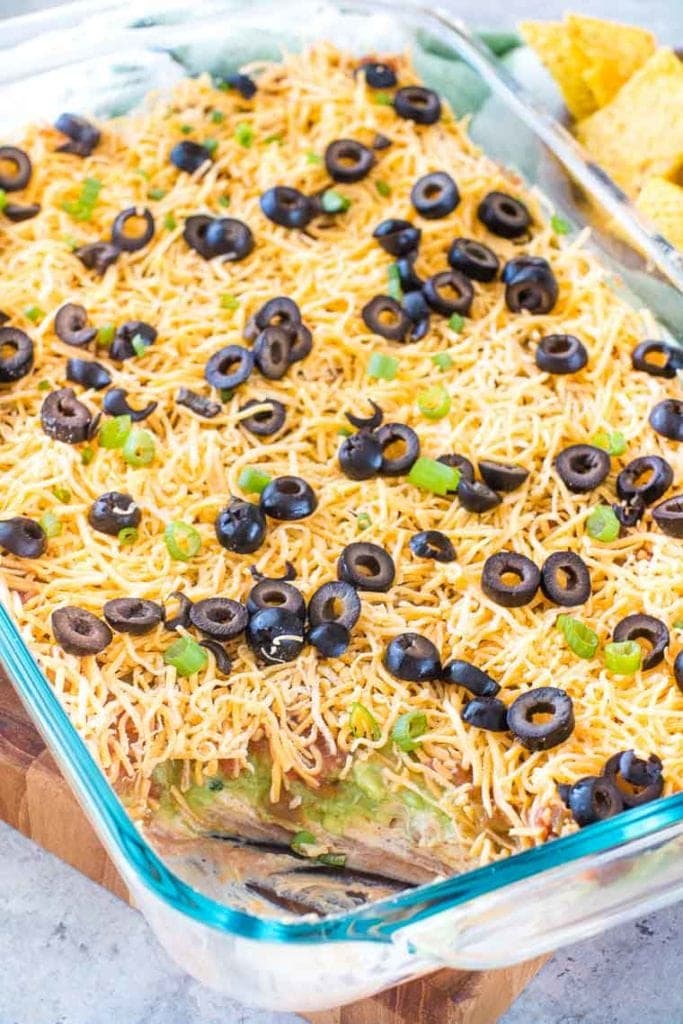 7 Layer Bean Dip in casserole dish