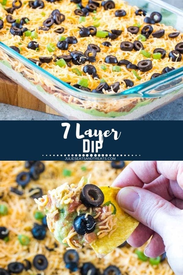 Collage with top image of 7 layer dip in a glass casserole pan, middle navy banner with white text reading 7 layer dip, and bottom image of a hand holding a chip with 7 layer dip on it