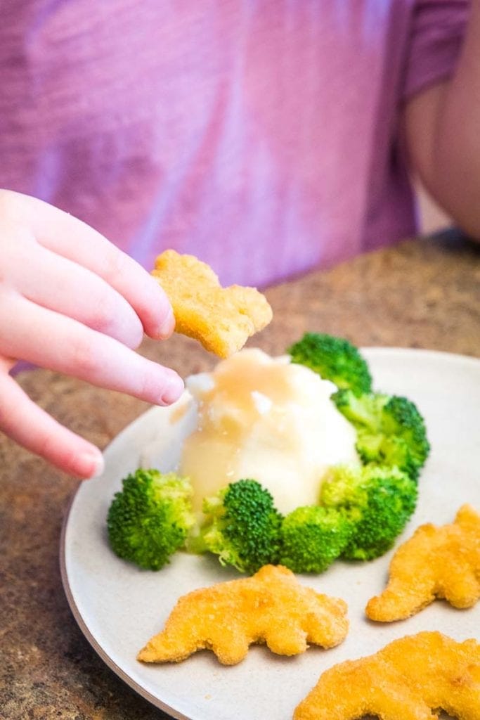 Dino Buddies chicken nuggets in childs hand