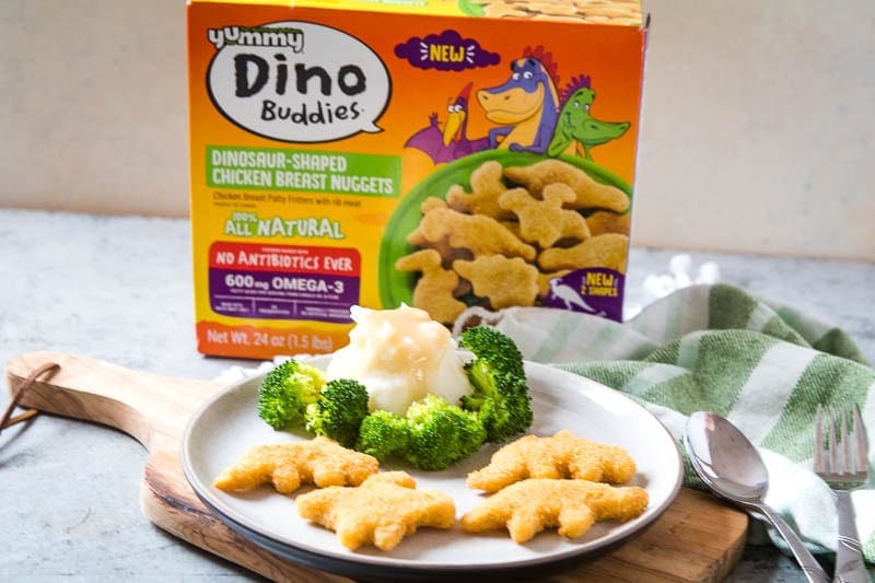 Dino Buddies on plate with mashed potato volcano