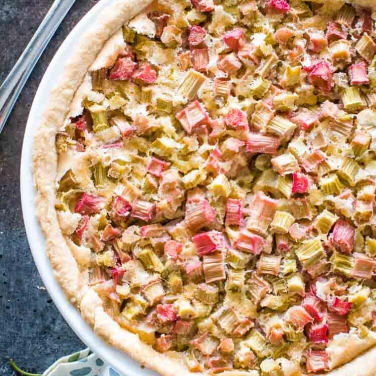 Pie Plate with Rhubarb Pie in it