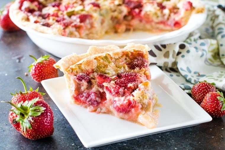 Strawberry Rhubarb Pie on white plate
