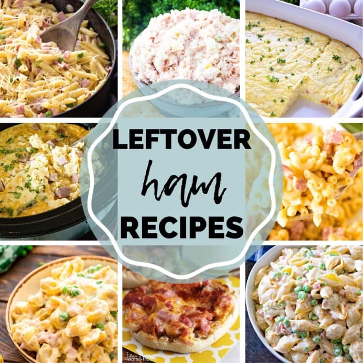Leftover ham recipes collage with background pictures of ham and pasta, ham salad, breakfast casserole, and more